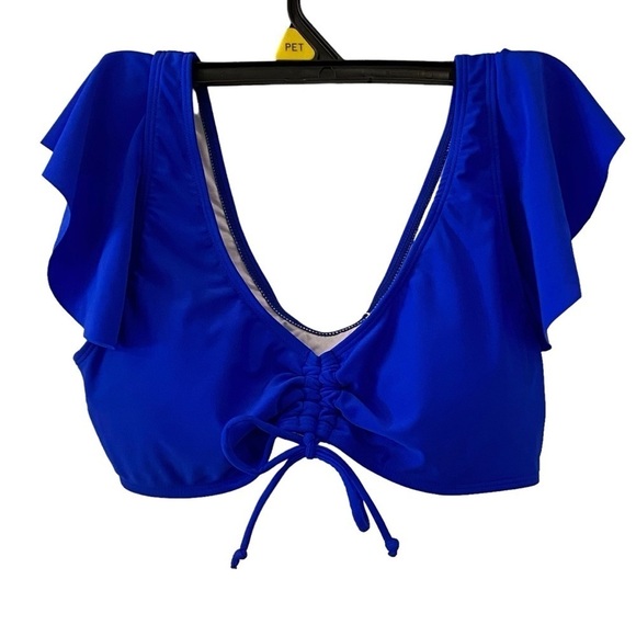NWT Women Solid Blue cinch front Bikini ruffle short sleeve swim top SIZE Medium - Picture 2 of 9